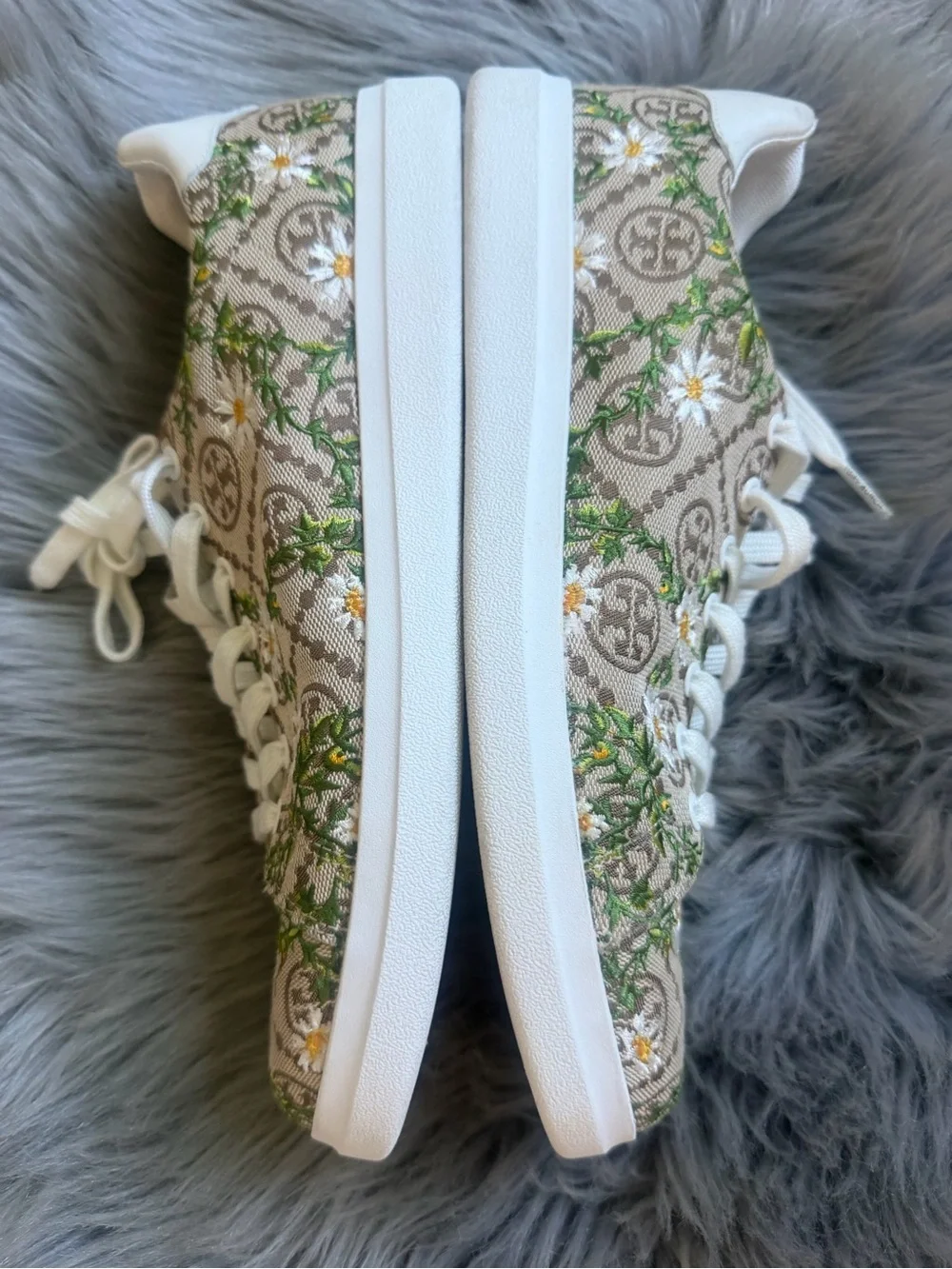 Tory Burch Tan Logo Floral Lace-Up Sneakers Howell Jacquard Print 10.5